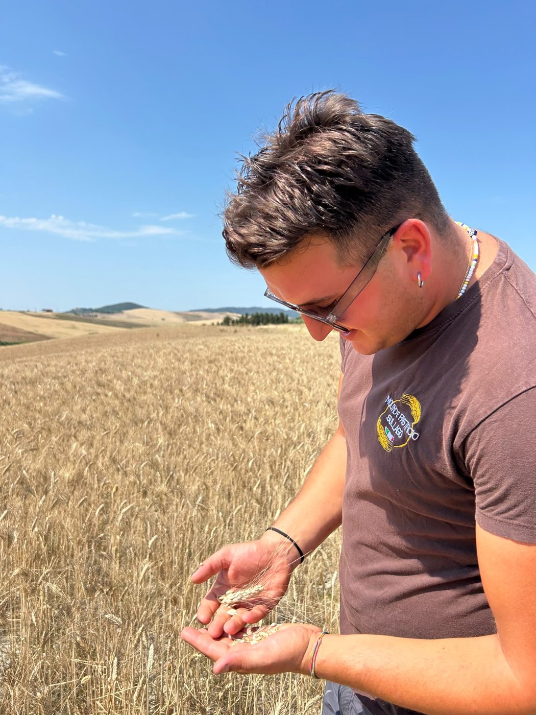 Matteo Bertoli controlla il grano nel campo